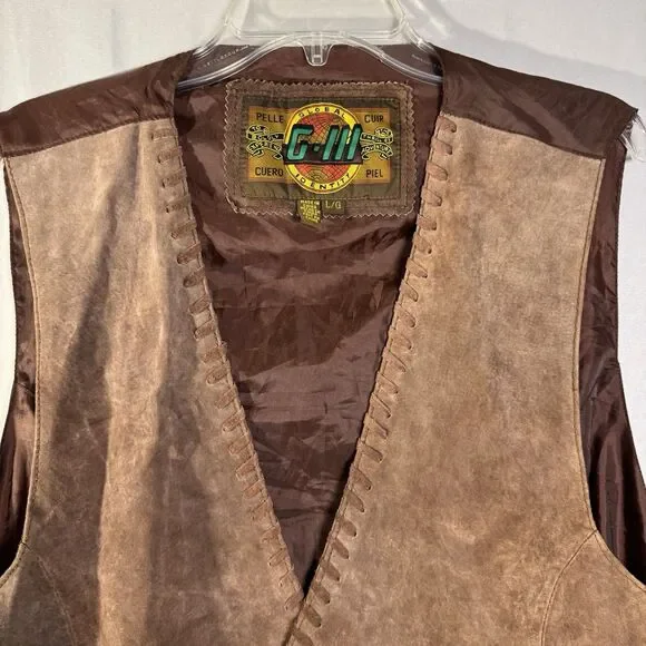 Vintage G-III Pelle Global Brown Suede Leather Vest Western Button Front Mens L - Picture 2 of 11